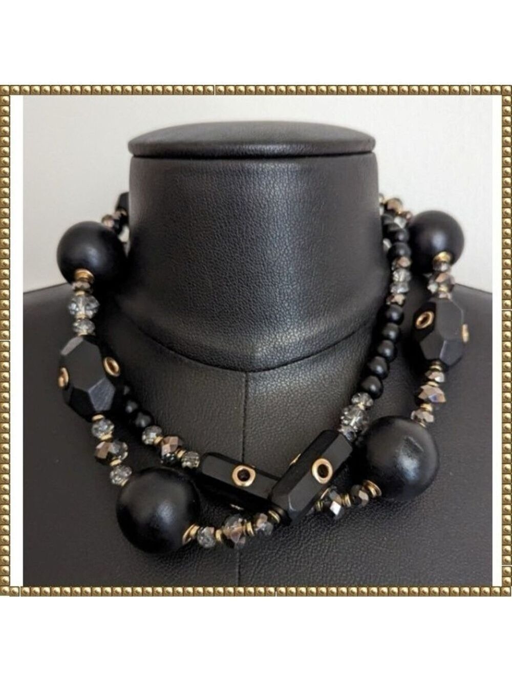 Vintage Italian Necklace Black Beads Crystal Gold Accents